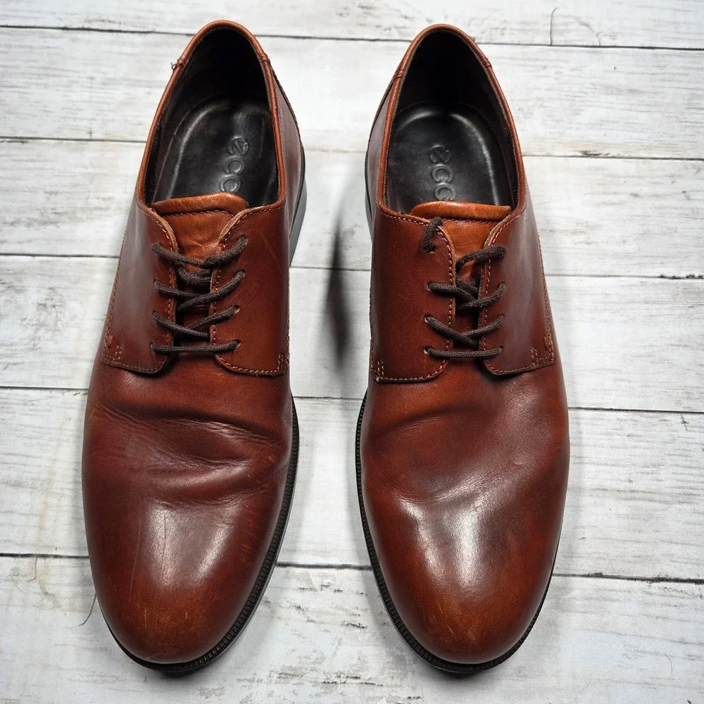 ECCO Plain Toe Derby Dress Shoes Mens 46 Cognac Brown Leather Lace Up